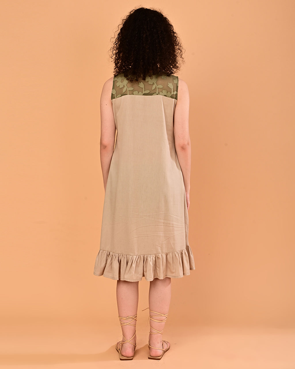 Beige Floral Yoke Ruffle Midi Dress
