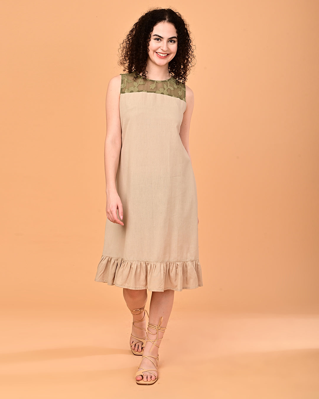 Beige Floral Yoke Ruffle Midi Dress