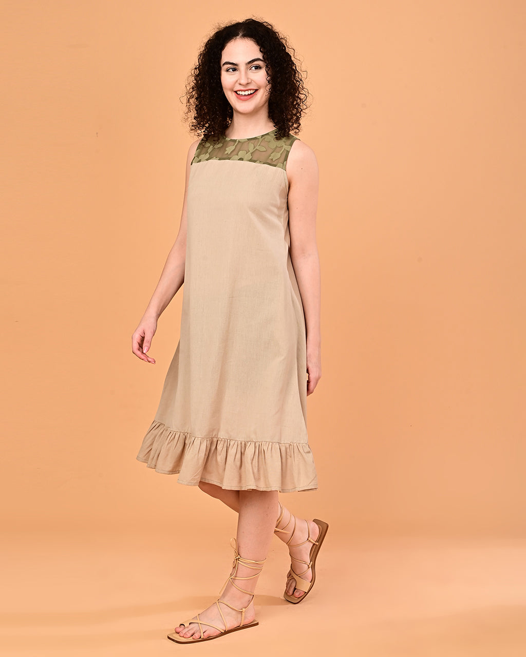 Beige Floral Yoke Ruffle Midi Dress