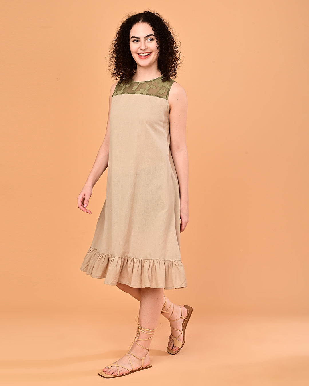 Beige Floral Yoke Ruffle Midi Dress