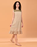 Beige Floral Yoke Ruffle Midi Dress