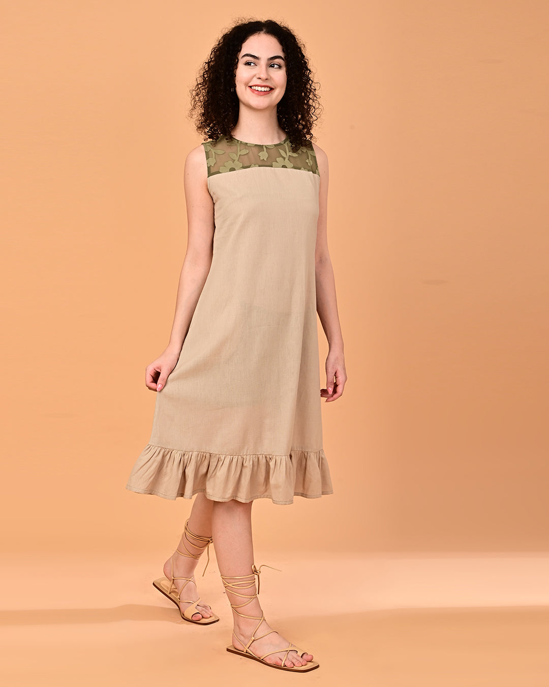 Beige Floral Yoke Ruffle Midi Dress