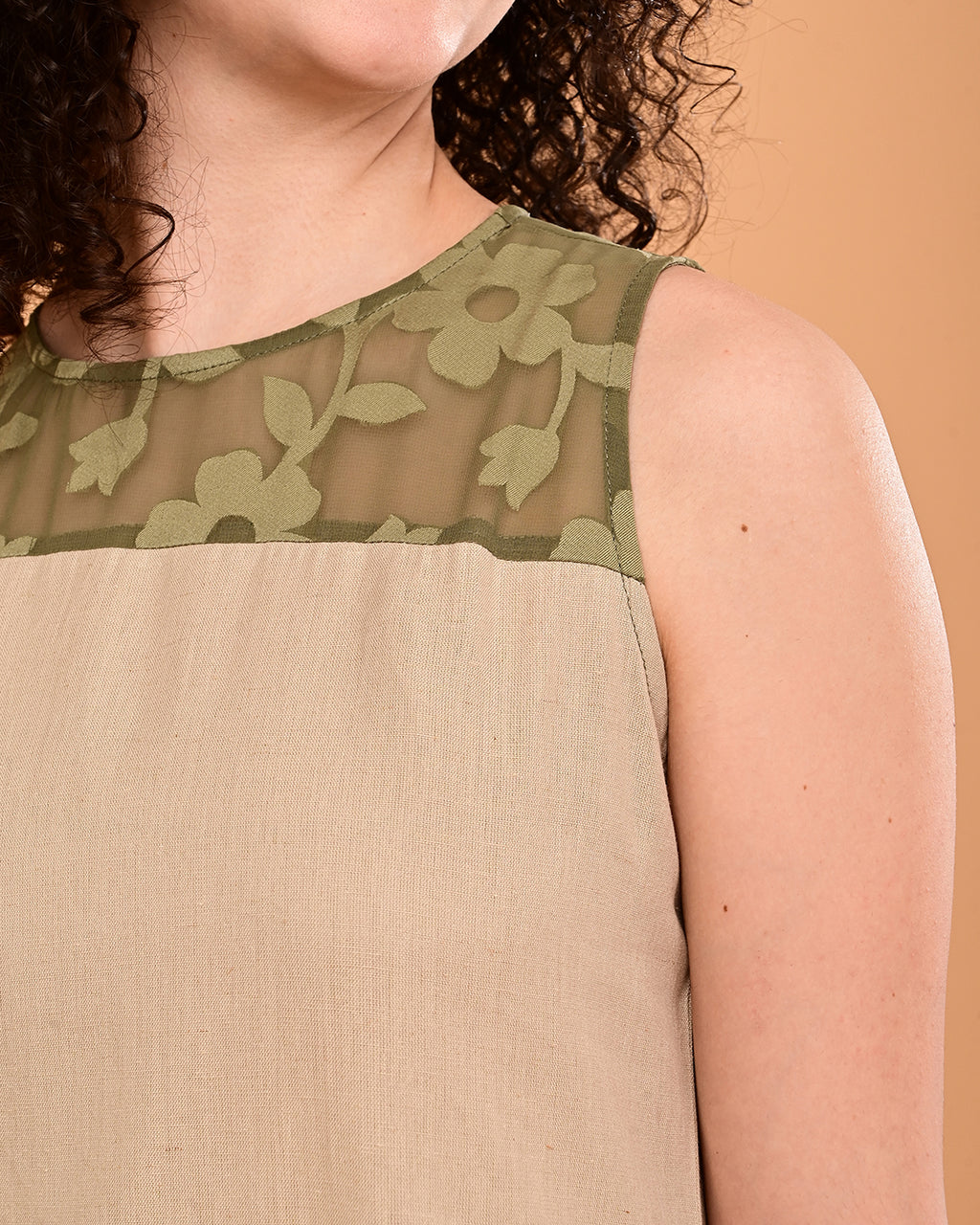 Beige Floral Yoke Ruffle Midi Dress