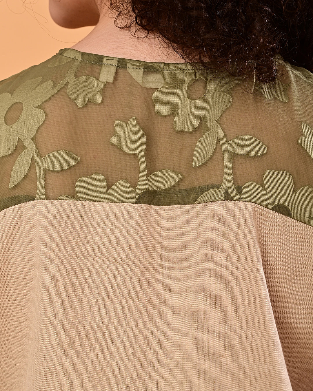 Beige Floral Yoke Ruffle Midi Dress