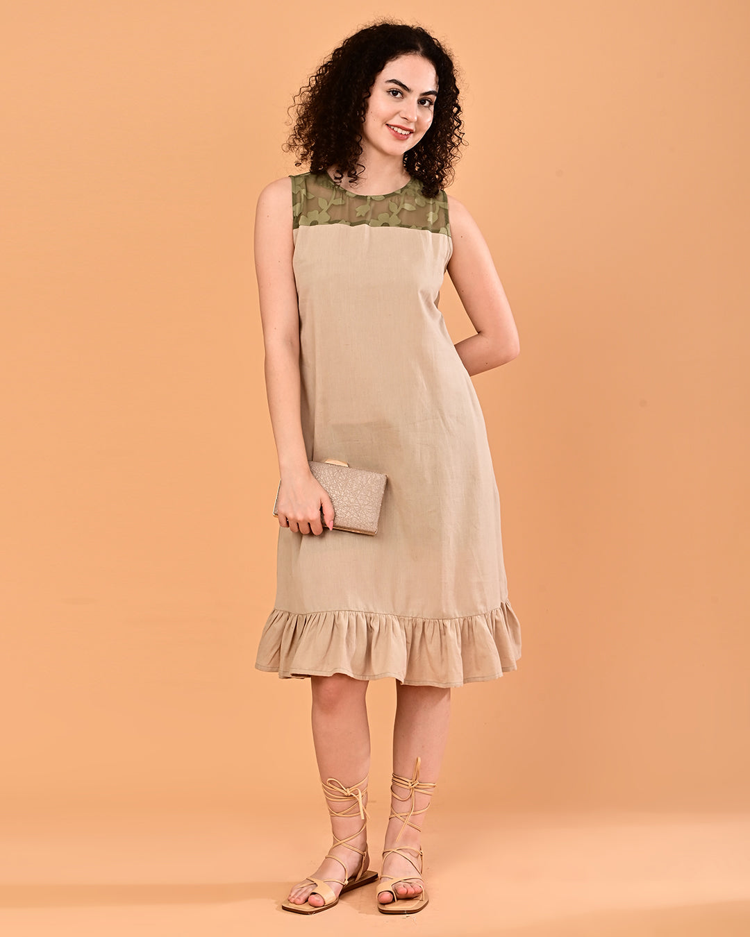 Beige Floral Yoke Ruffle Midi Dress