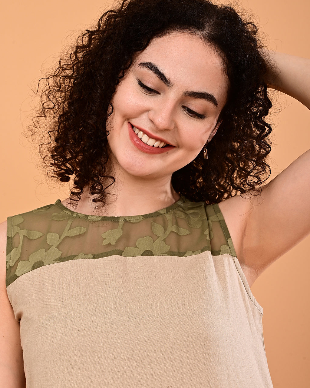 Beige Floral Yoke Ruffle Midi Dress