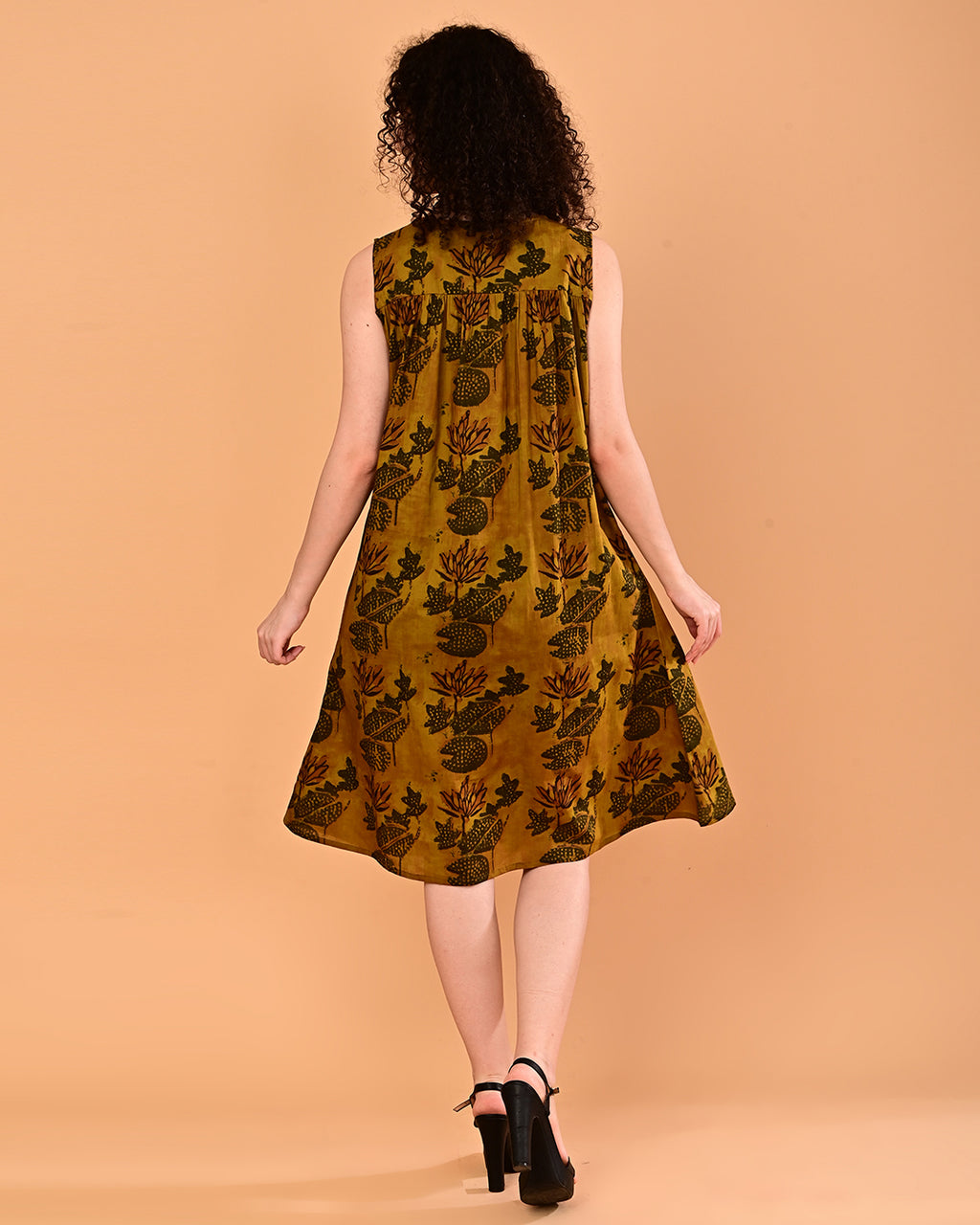 Mustard Printed Sleeveless Midi Dress