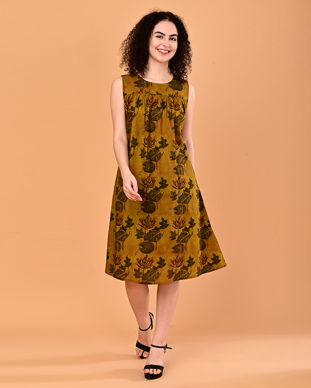 Mustard Printed Sleeveless Midi Dress
