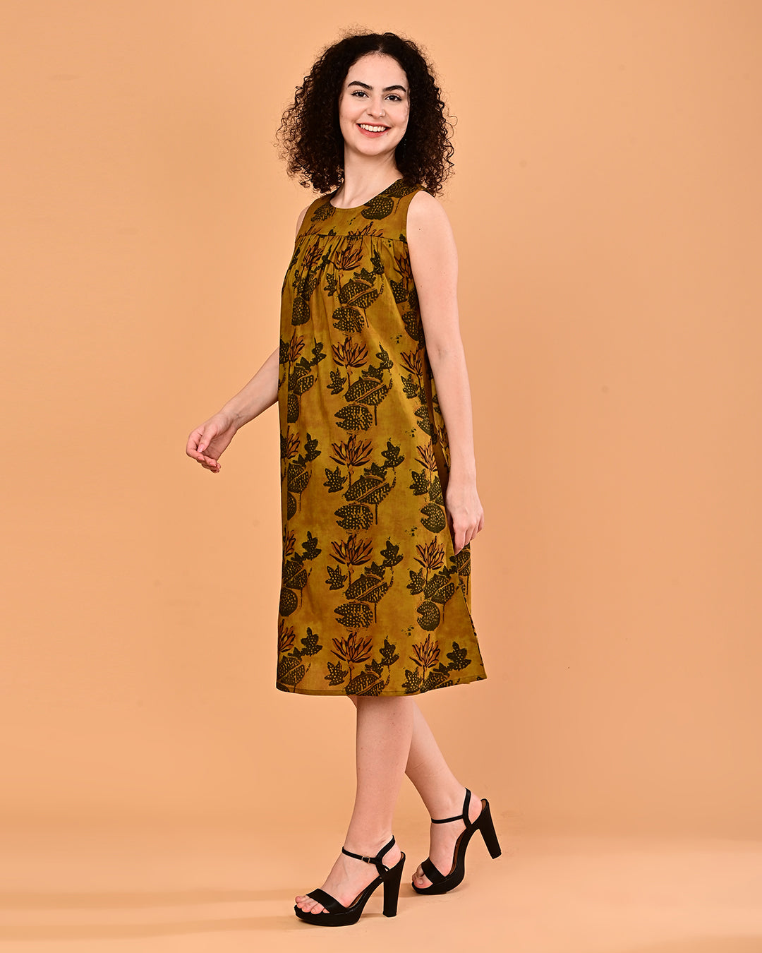 Mustard Printed Sleeveless Midi Dress