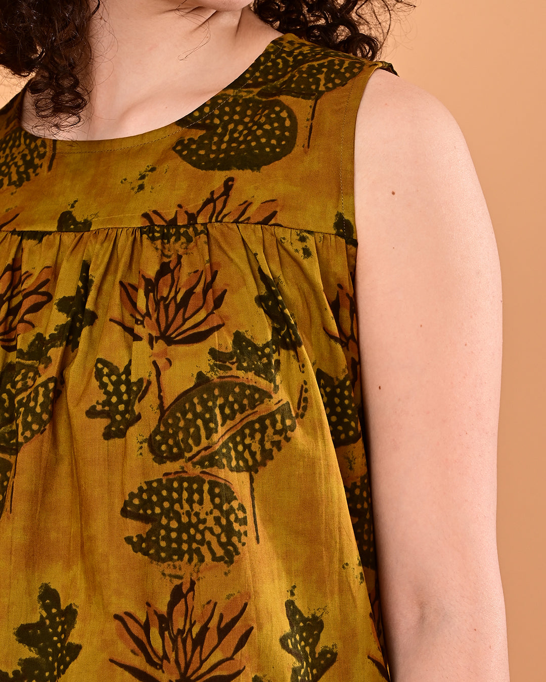 Mustard Printed Sleeveless Midi Dress