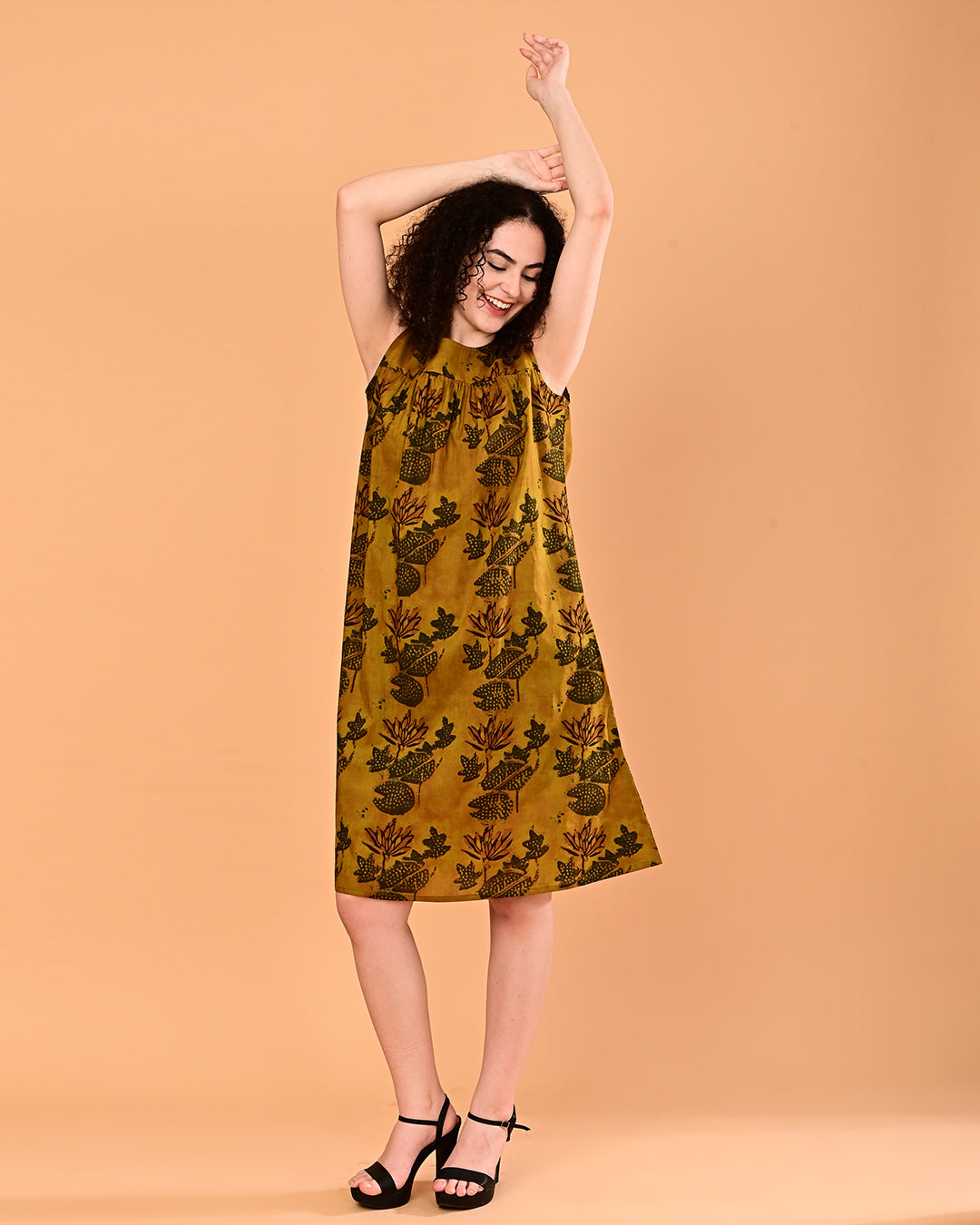 Mustard Printed Sleeveless Midi Dress