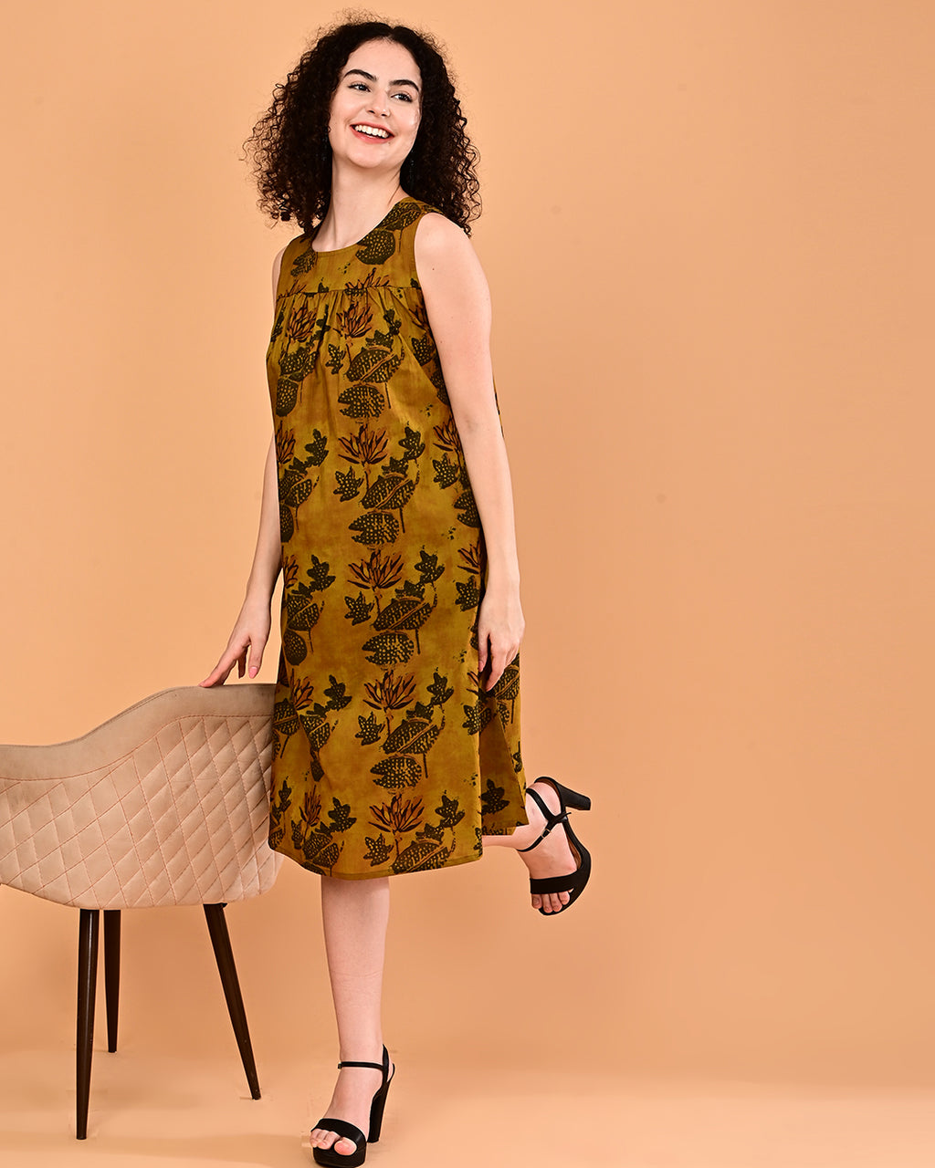 Mustard Printed Sleeveless Midi Dress