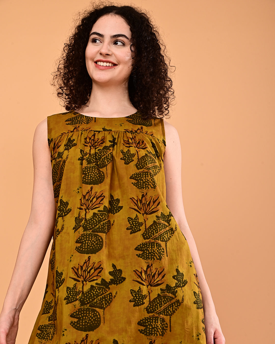 Mustard Printed Sleeveless Midi Dress