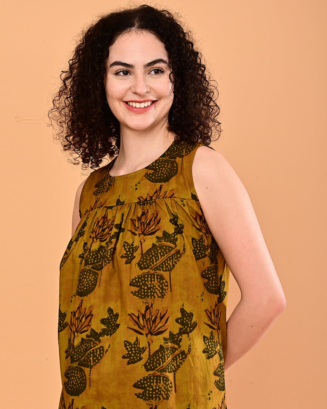 Mustard Printed Sleeveless Midi Dress