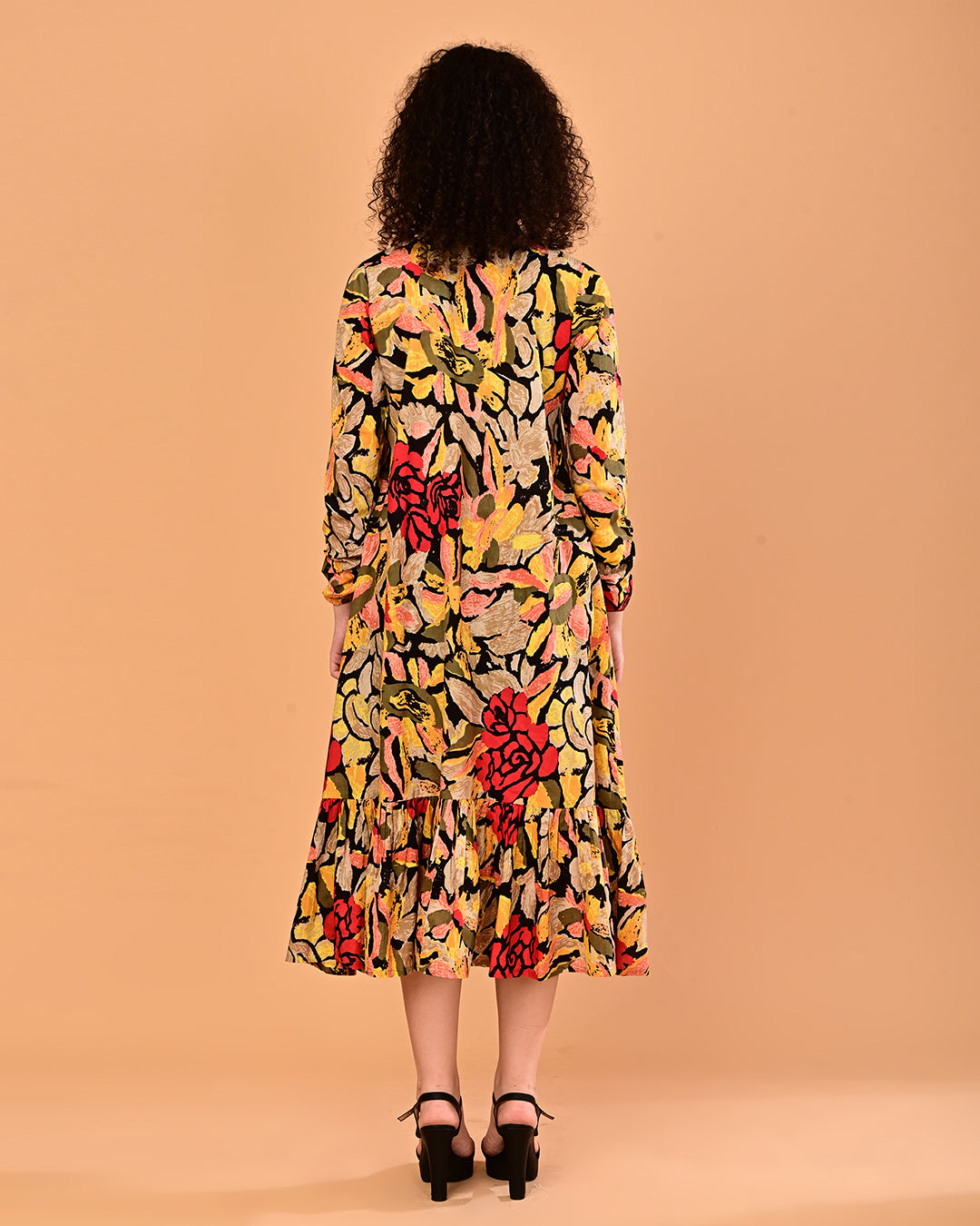 Black Multicolor Floral Printed Tiered Midi Dress