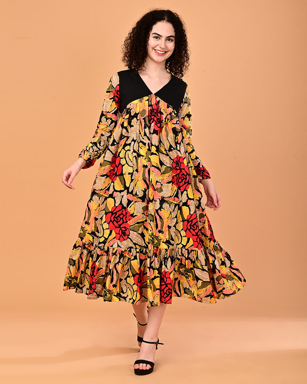 Black Multicolor Floral Printed Tiered Midi Dress
