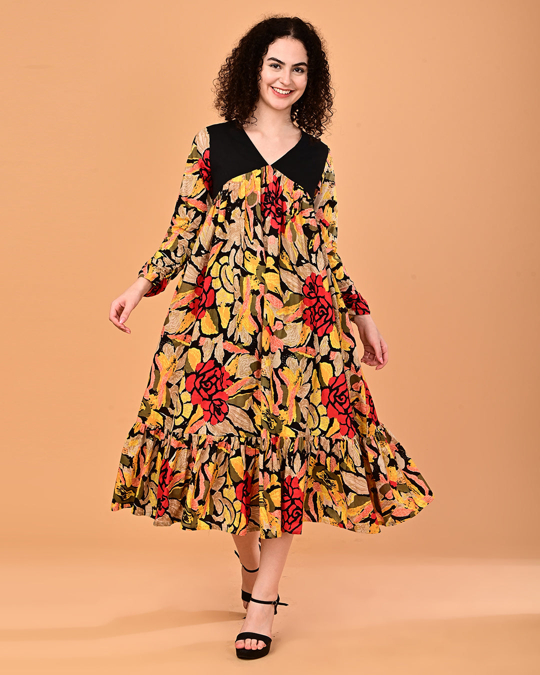 Black Multicolor Floral Printed Tiered Midi Dress