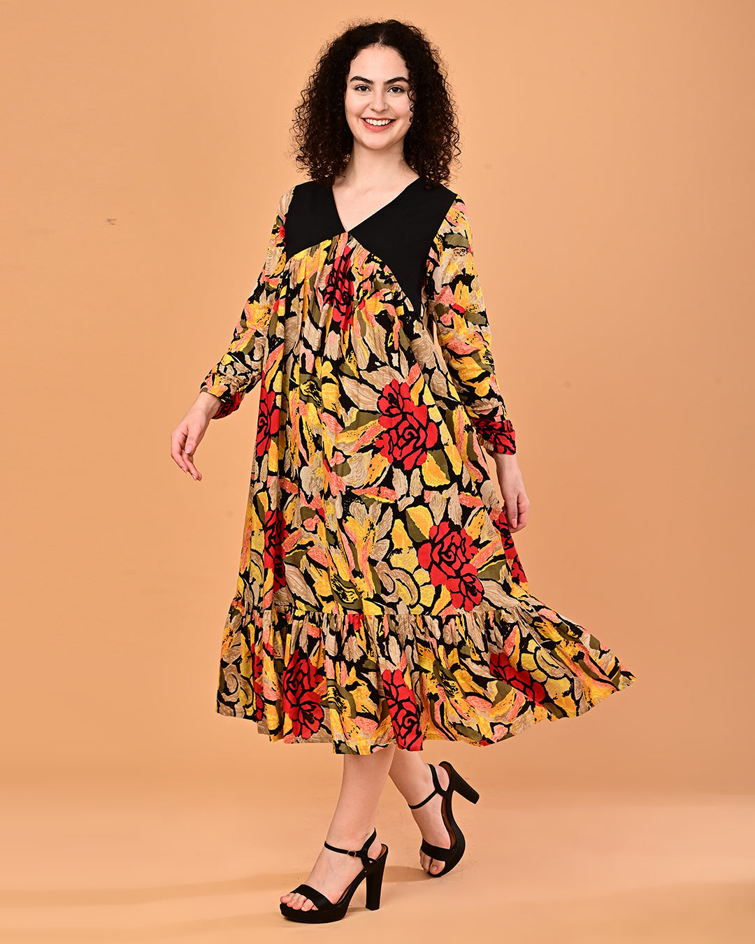 Black Multicolor Floral Printed Tiered Midi Dress