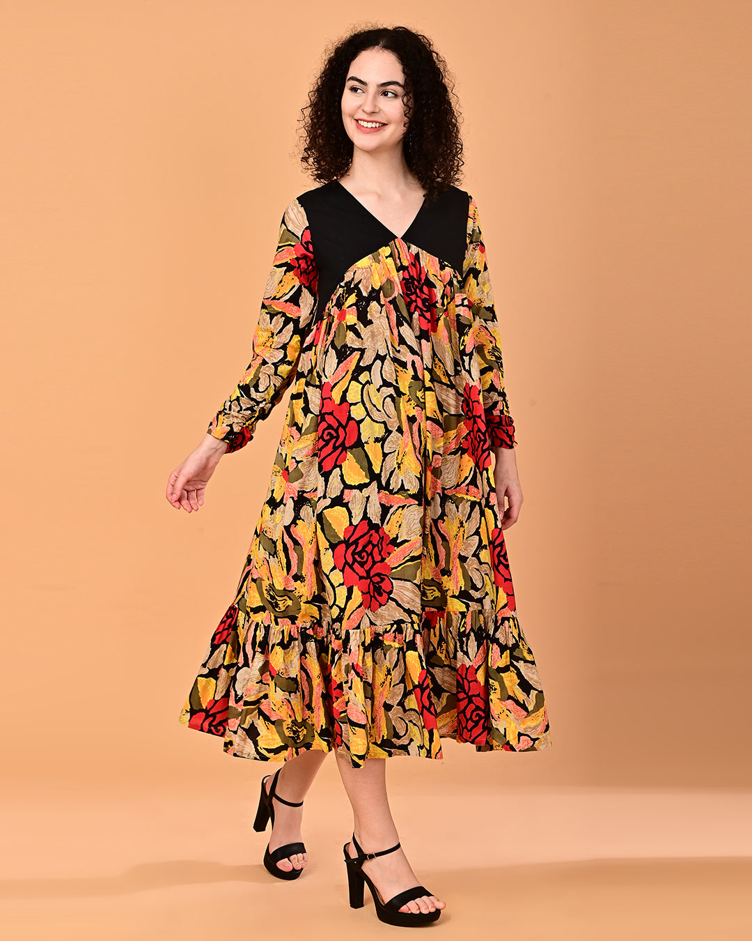 Black Multicolor Floral Printed Tiered Midi Dress