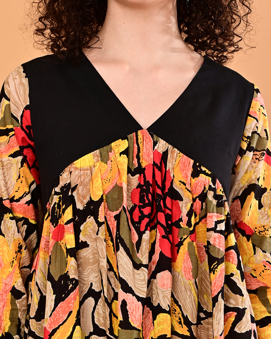 Black Multicolor Floral Printed Tiered Midi Dress