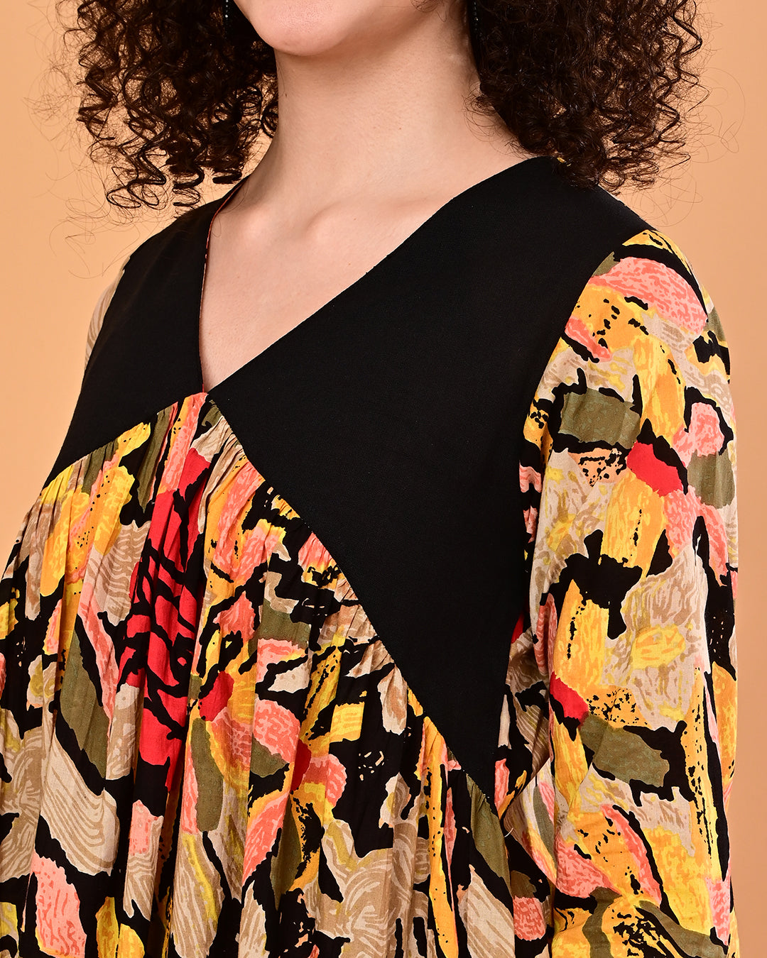 Black Multicolor Floral Printed Tiered Midi Dress