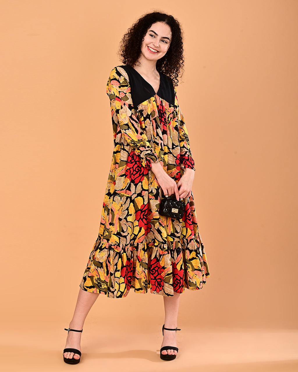 Black Multicolor Floral Printed Tiered Midi Dress