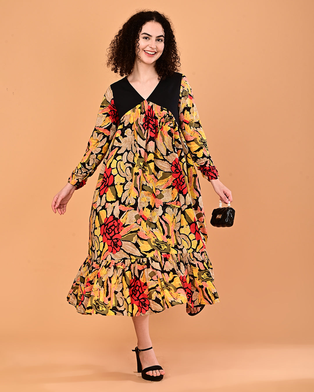 Black Multicolor Floral Printed Tiered Midi Dress