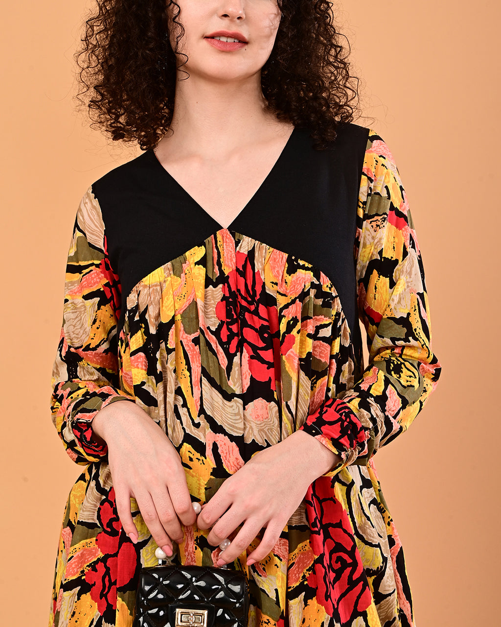 Black Multicolor Floral Printed Tiered Midi Dress