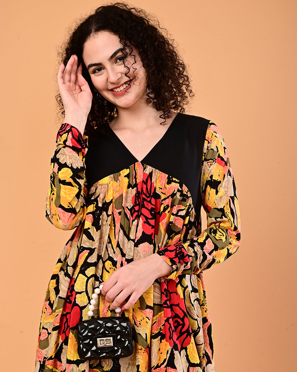 Black Multicolor Floral Printed Tiered Midi Dress