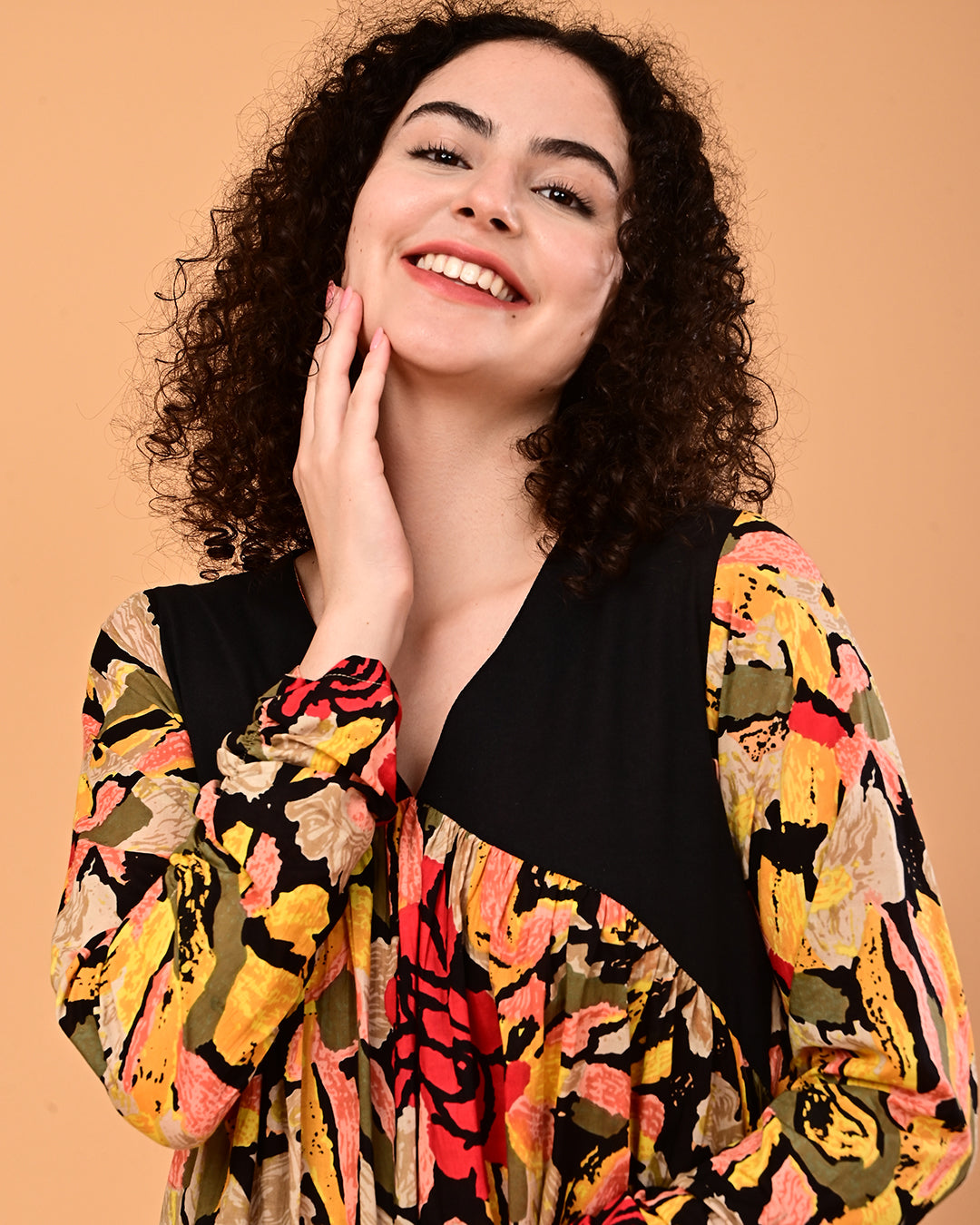 Black Multicolor Floral Printed Tiered Midi Dress