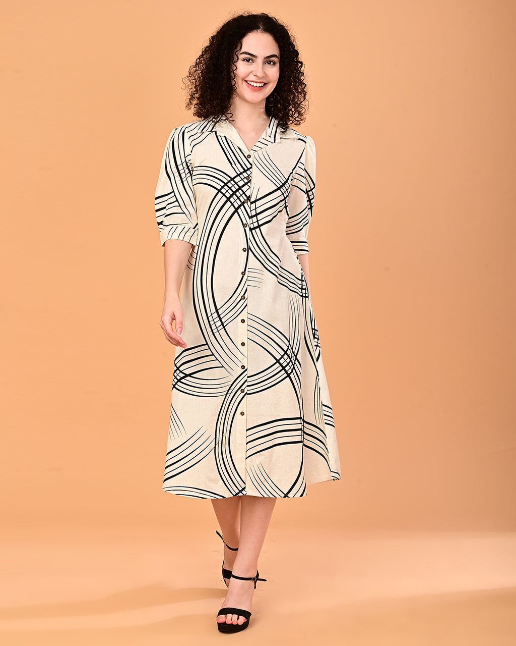 Cream Abstract Printed Shirt Midi Dress