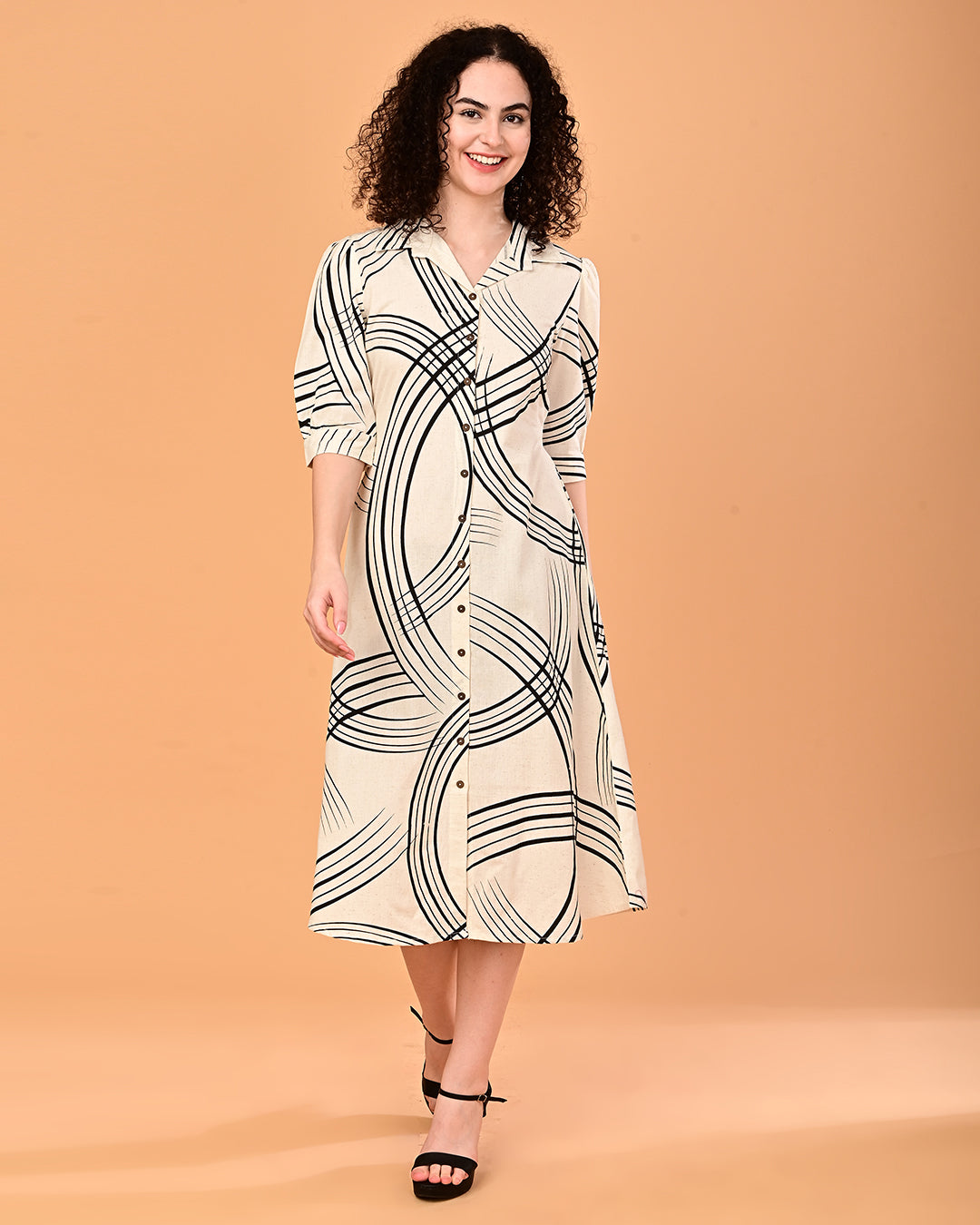 Cream Abstract Printed Shirt Midi Dress