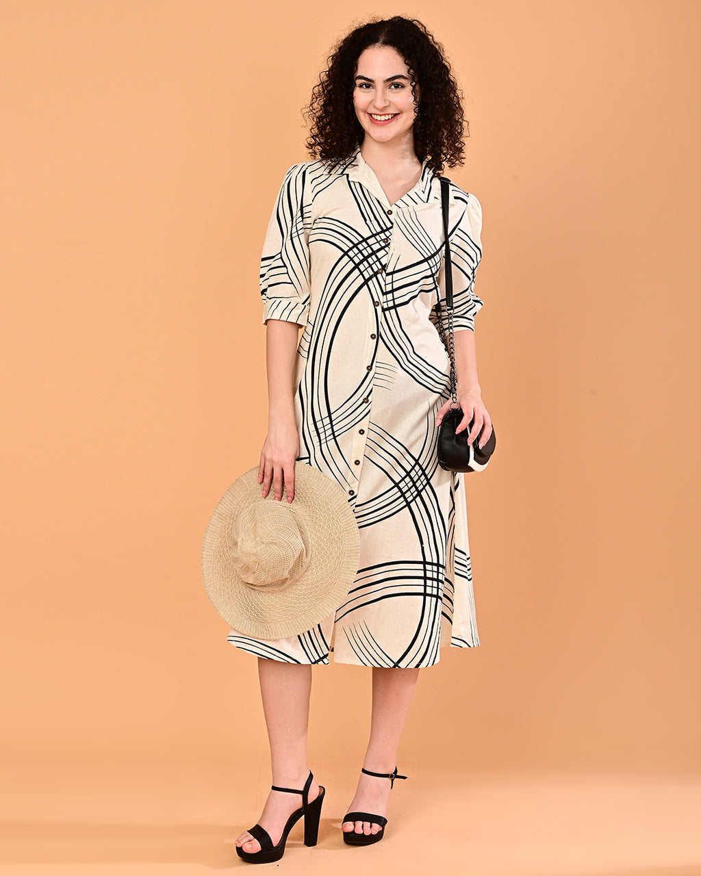 Cream Abstract Printed Shirt Midi Dress