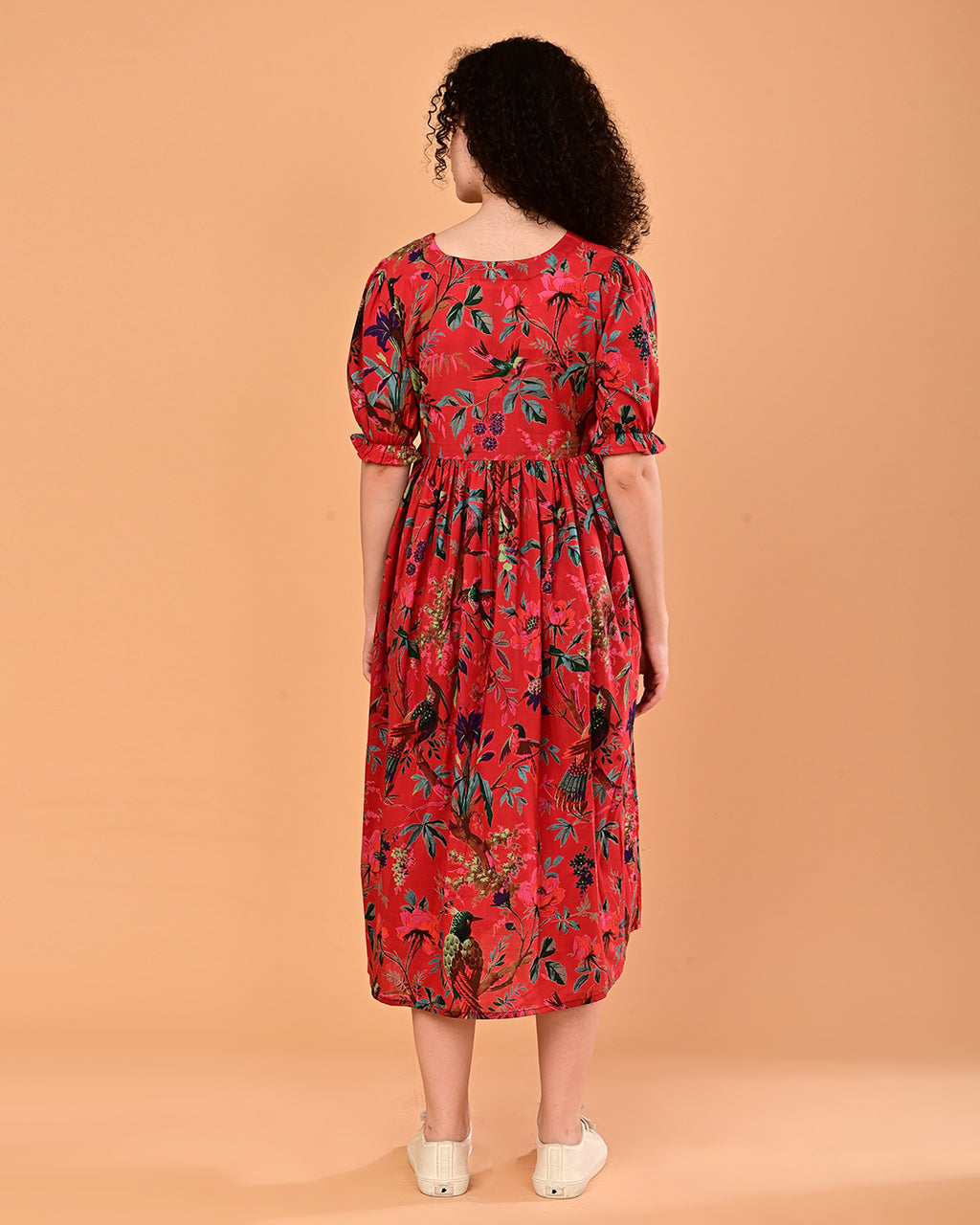 Red Floral Printed Puff Sleeve Midi Dress