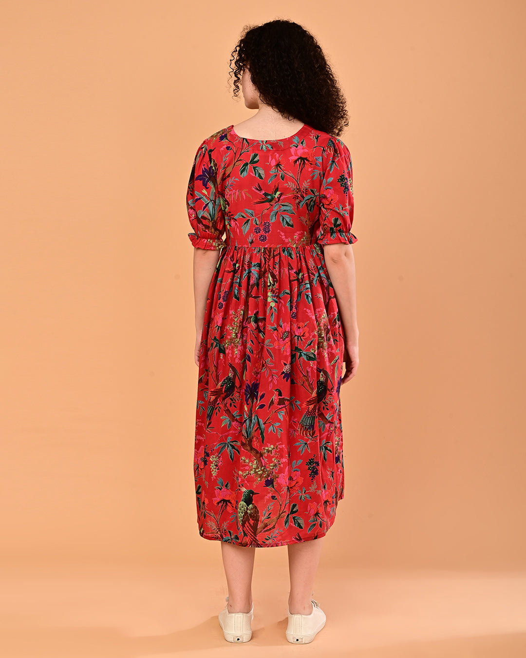 Red Floral Printed Puff Sleeve Midi Dress