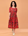 Red Floral Printed Puff Sleeve Midi Dress