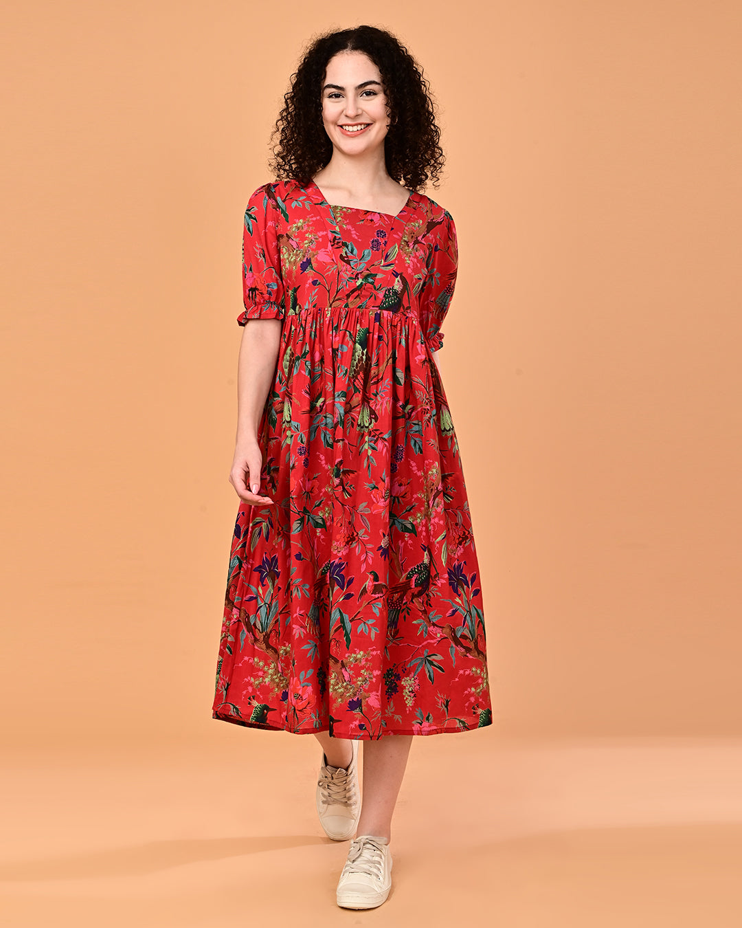 Red Floral Printed Puff Sleeve Midi Dress