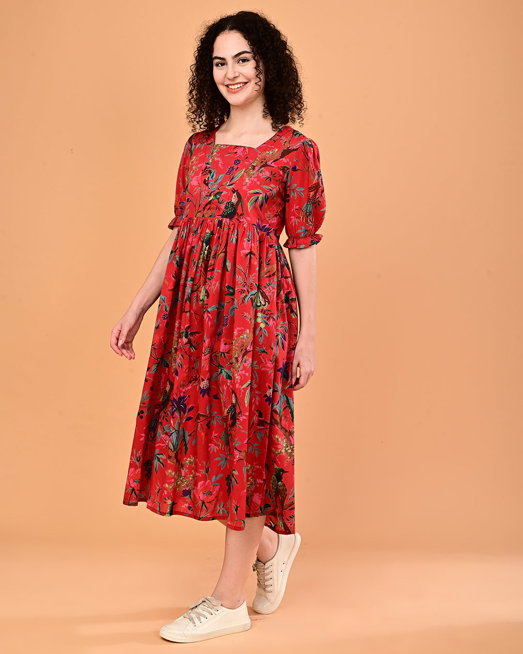 Red Floral Printed Puff Sleeve Midi Dress