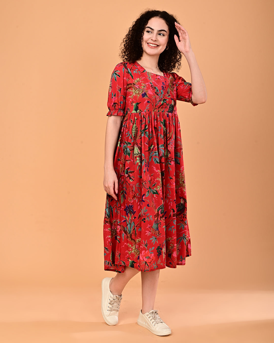 Red Floral Printed Puff Sleeve Midi Dress