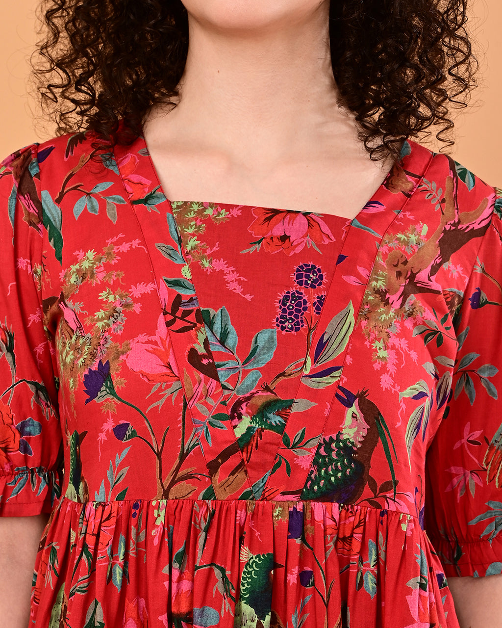 Red Floral Printed Puff Sleeve Midi Dress