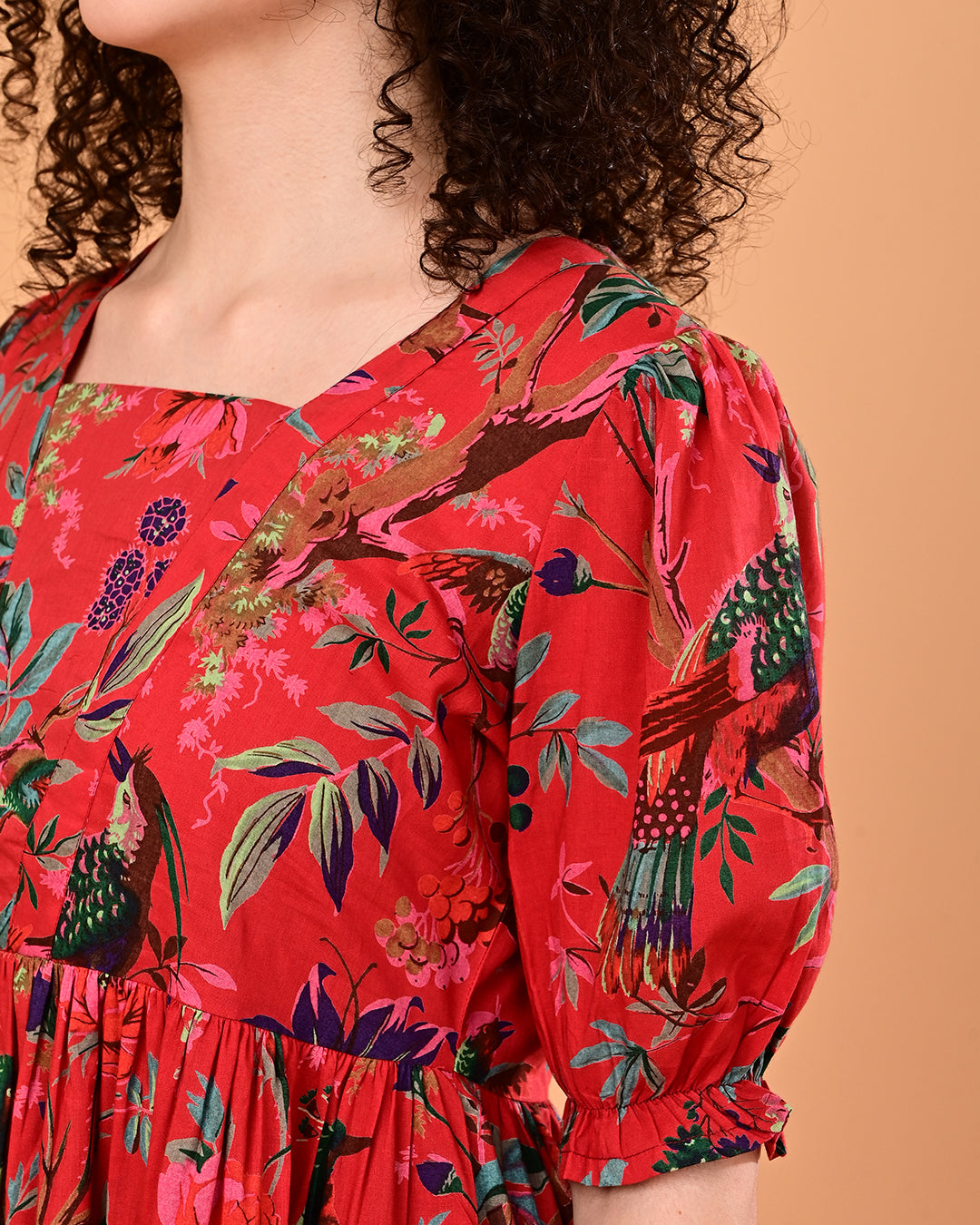 Red Floral Printed Puff Sleeve Midi Dress