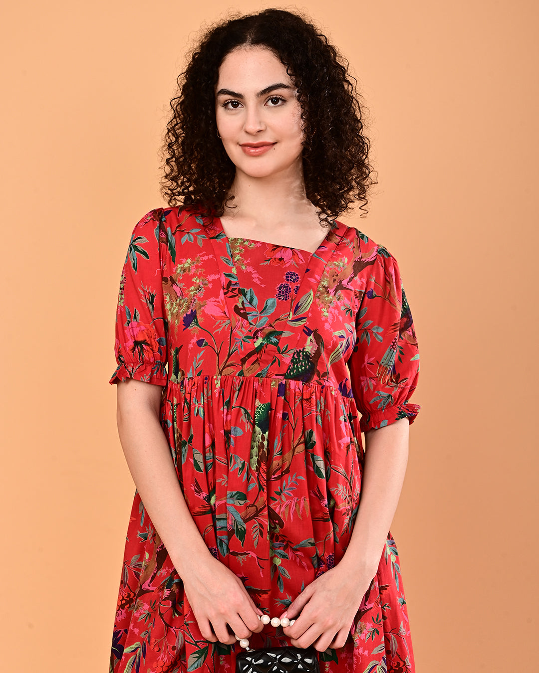 Red Floral Printed Puff Sleeve Midi Dress
