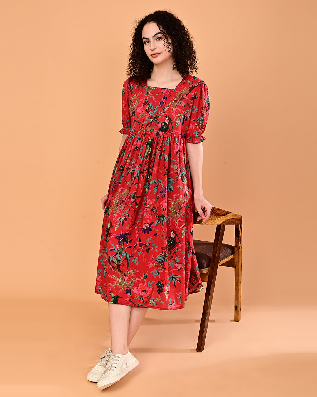 Red Floral Printed Puff Sleeve Midi Dress