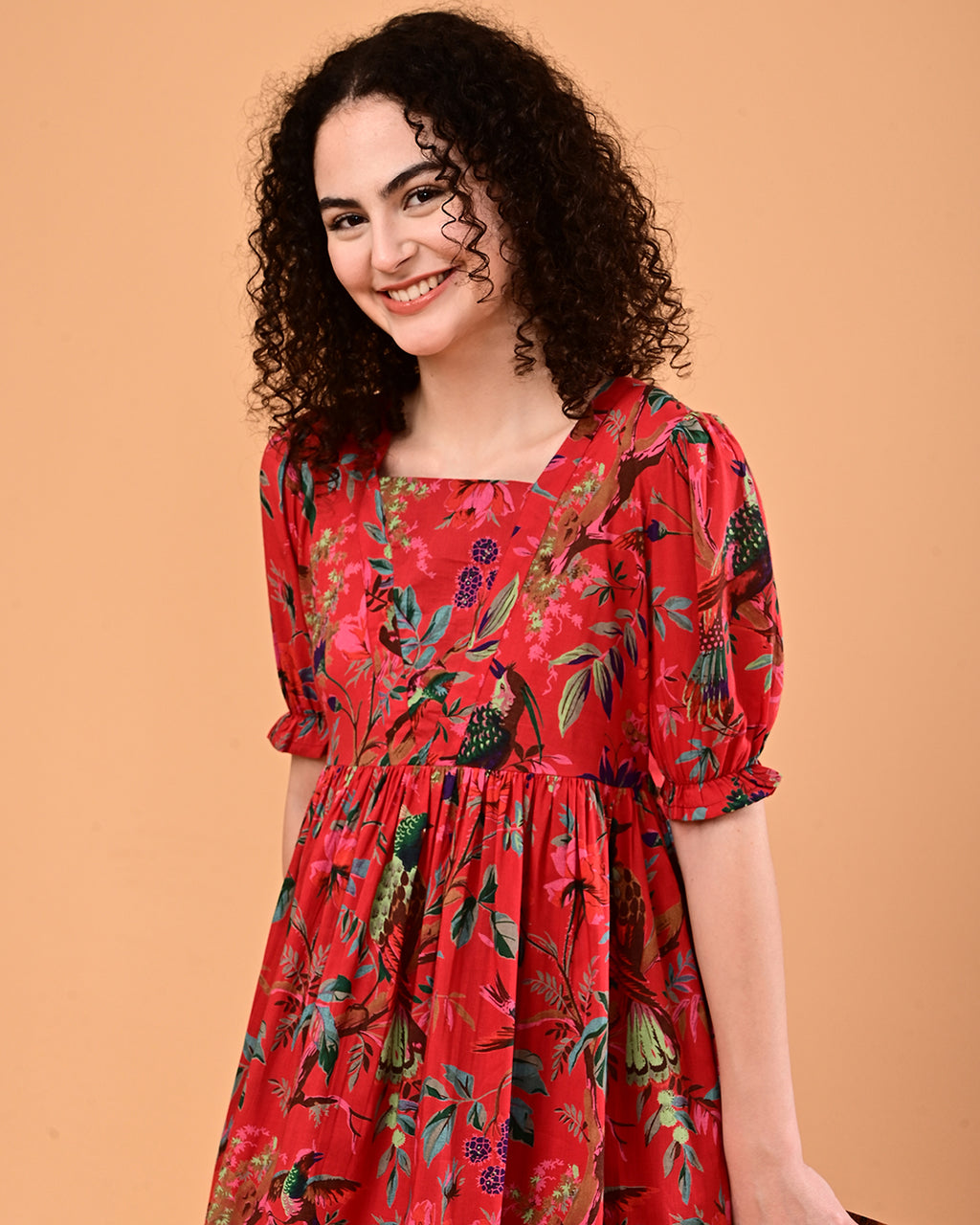 Red Floral Printed Puff Sleeve Midi Dress