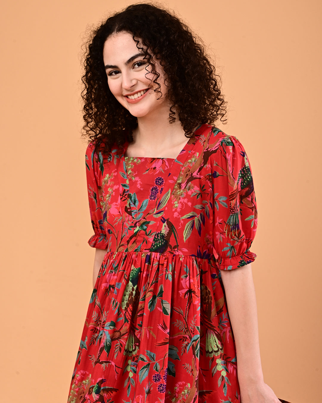 Red Floral Printed Puff Sleeve Midi Dress