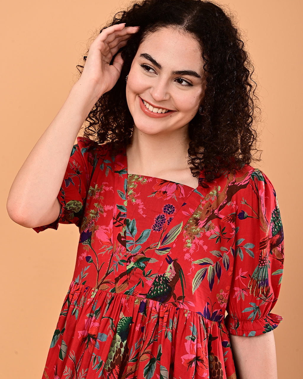 Red Floral Printed Puff Sleeve Midi Dress