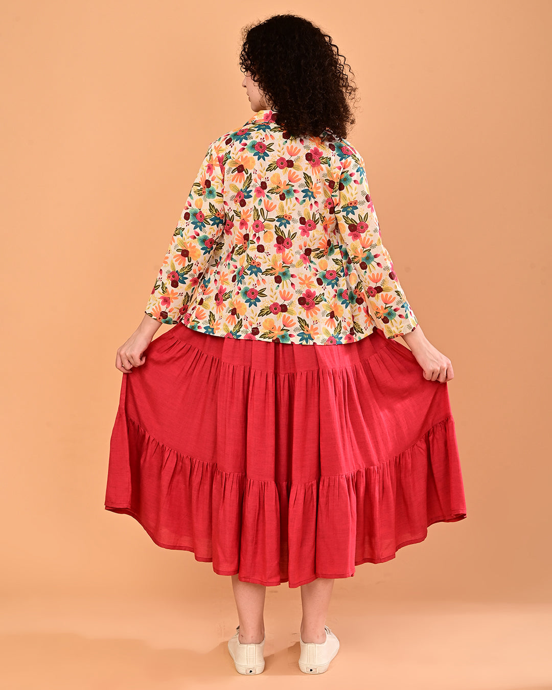 Floral Printed Jacket Layered Midi Dress