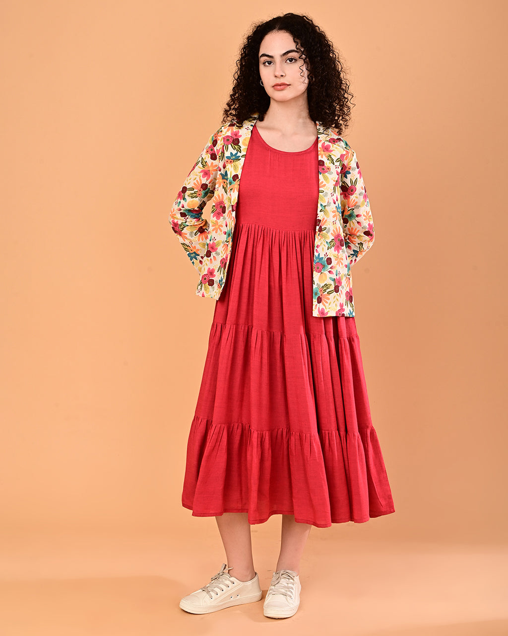 Floral Printed Jacket Layered Midi Dress