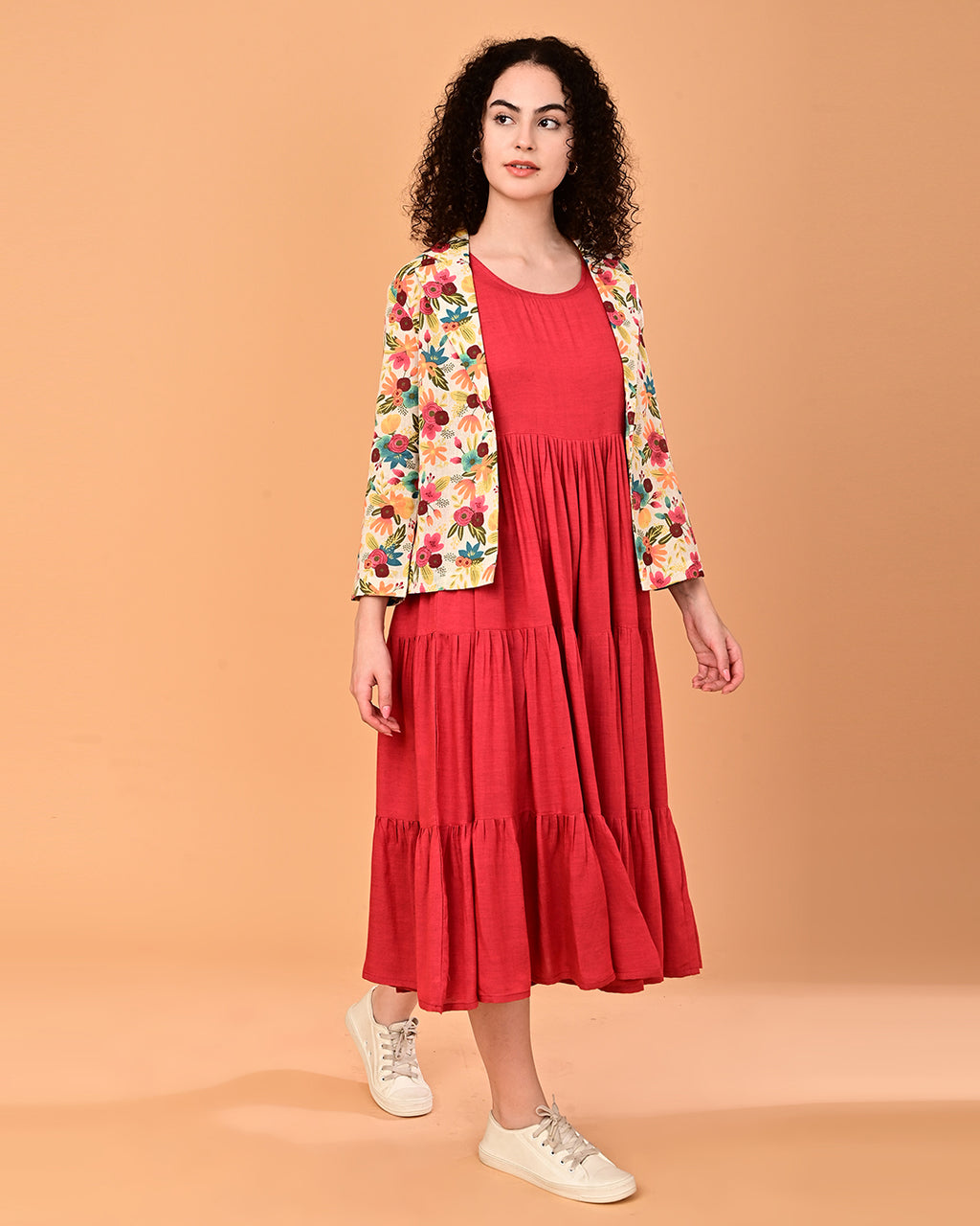 Floral Printed Jacket Layered Midi Dress
