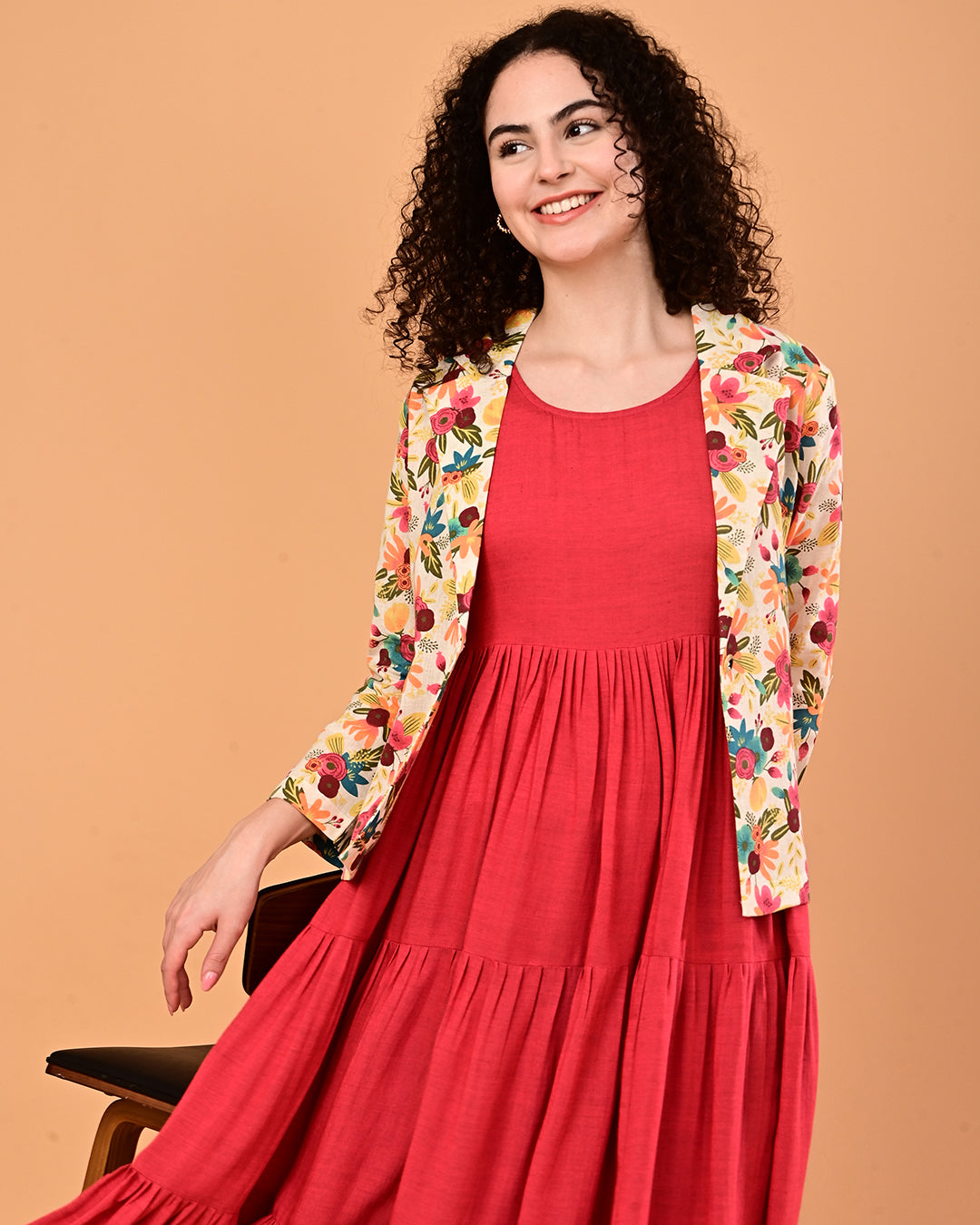 Floral Printed Jacket Layered Midi Dress
